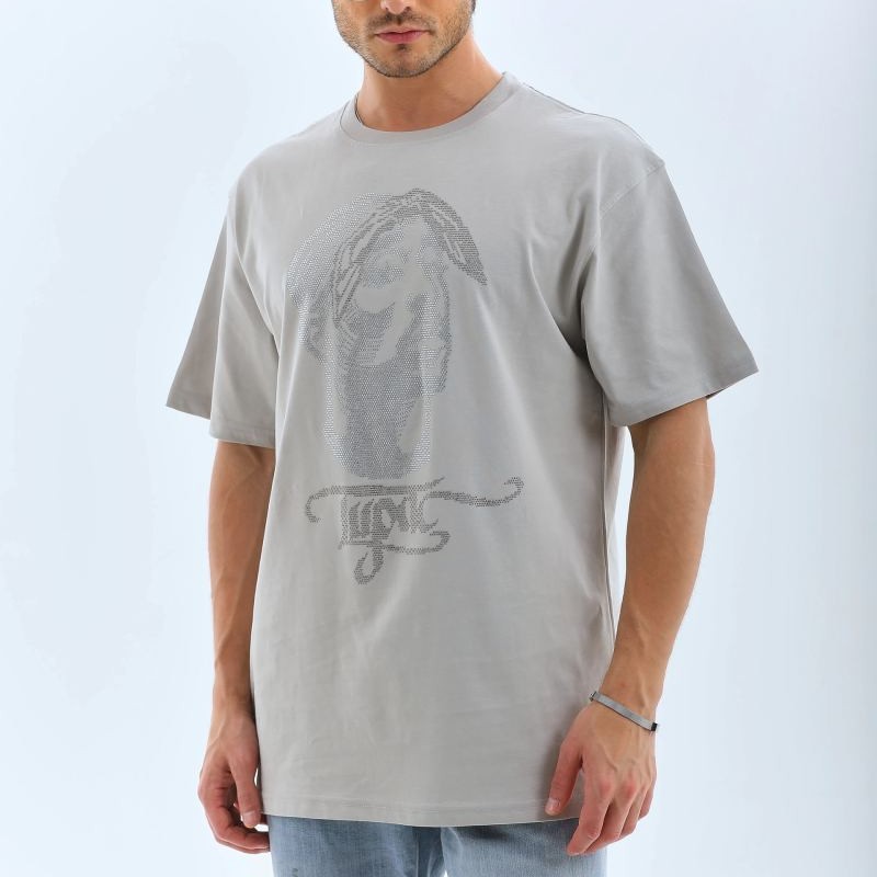 ERKEK Tişört TAŞ Detaylı Bisiklet Yaka  Kısa kol T-Shirt - Gri